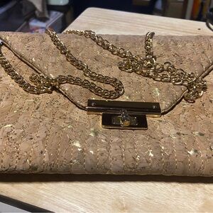 Sondra Roberts Tan Clutch with Gold Chain